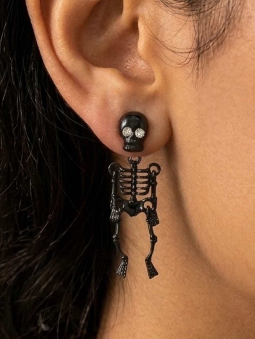 Black Skeleton Drop Earrings With Skull Stud - Women Jewelry, Halloween Earrings